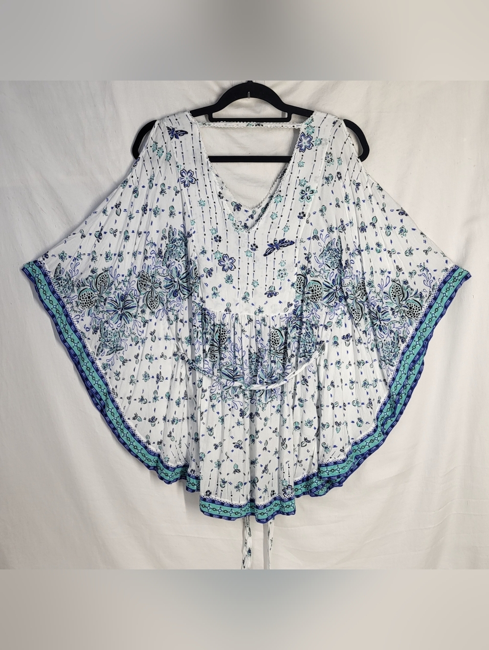 Poupette St. Barth Blue Floral Cold Shoulder Tie Waist Kaftan Mini Dress S/M